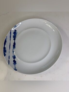 Crate&Barrel White Plate with Blue Watercolor Stripe